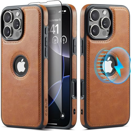Sibada Leather Case for iPhone 16 Pro Max, Compatible with Wireless Charging, Visible Logo, Premium Vegan Leather, Classic Elegant Mobile Phone Cases (2024), 6.7 Inches, Brown