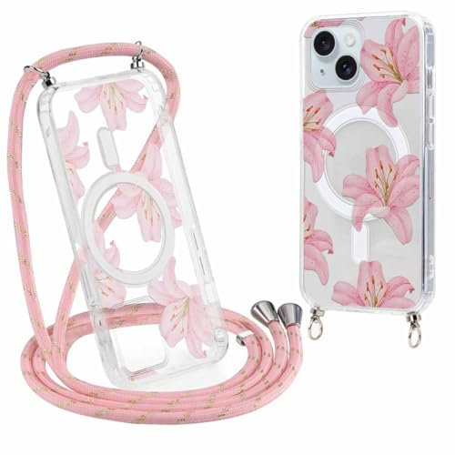 Foonary Magnétique Coque avec Cordon pour iPhone 15 6,1, [Compatible avec MagSafe] Aesthetic Fleur Motif Housse Réglable Collier, Transparent Silicone Antichoc Étui Lanyard Protection Case, Rose