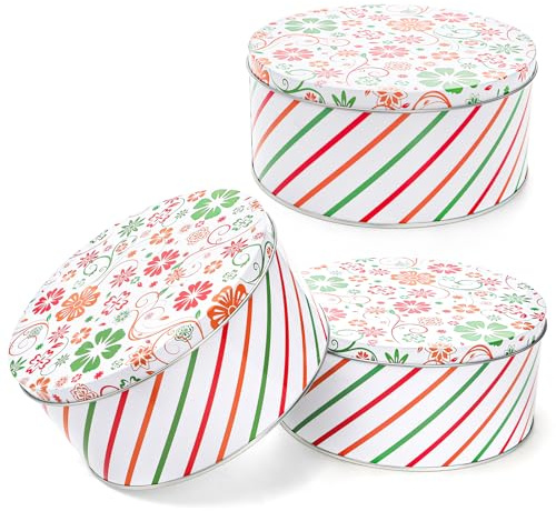 Yopay 3 Pack Round Decorative Cookie Tins, Food Safe Metal Gift Tins