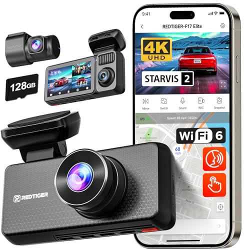 REDTIGER F17 Elite 4K Dash Cam 3 Channel, STARVIS 2 IMX678 & IMX675, 128GB Card, Full Night Color, 4K+2.5K+1080P Front and Rear Inside, Voice Control, 5GHz WiFi-30MB/s Download, GPS, HDR, Parking Mode