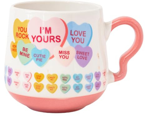 Candy Hearts Ceramic Mug 390ml Cute Pastel Love Slogan Tea & Coffee Cup with Curved Handle, Colorful Heart Design, Glazed Valentine’s Gift Mug Assorted Design (Sweet Pea)