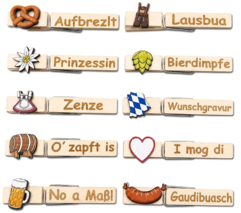 Oktoberfest Accessoires, Oktoberfest Anstecker 10 Holzklammern | 10 Glubbal aus Holz mit Metallfeder, ca. 7,5 x 1,3 cm, als oktoberfest deko für Tracht, Tisch und Party
