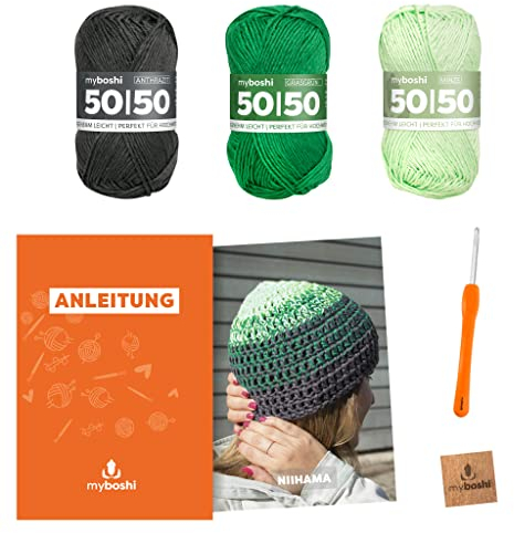 myboshi Häkelset Mütze Niihama, inkl. 50/50 Wolle, Nadel und Anleitung, Häkelpaket, 50% Baumwolle, 50% Merinowolle Grün mit Häkelnadel