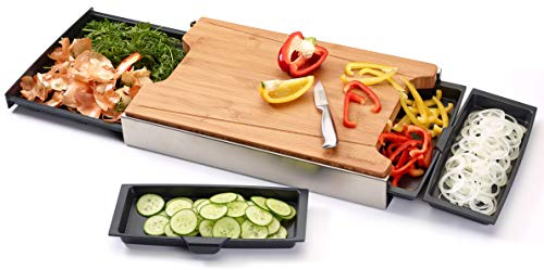 Schneidbox Bambus - Schneidebrett Mit 4 Auffangschalen Im Edelstahlkasten - Patentiertes Trennsystem - Made In Germany - 46 x 30 x 7 cm