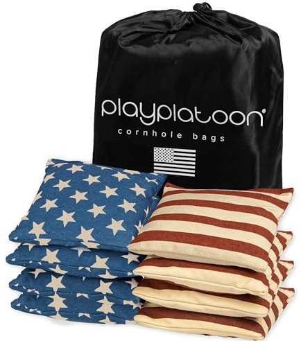 Play Platoon Wetterfeste Cornhole Bags Set mit 8 Stück – Amerikanische Flagge Maislochbeutel (Sterne & Streifen) – Outdoor-Wurf – Regulierung Größe und Gewicht