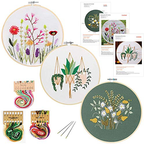 O'woda Anfänger Stickerei Set, Runde Einstellbare Stickerei Tool Kit,Starter Kit mit 1 Stickrahmen, Stickgarn,3 Vorlage 3 Nadel, für DIY Kunst, Handwerk, Nähen