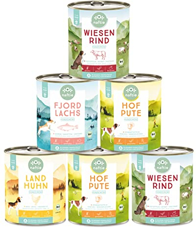 naftie Bio Hundefutter Mischpakete - Nassfutter Menüs Spar-Pakete - glutenfrei - purinarmes Futter - nachhaltig regional - 6X 800g