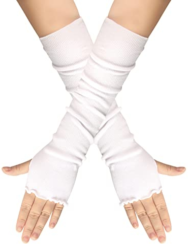 Frauen Winter Fingerlose Handschuhe Daumenlöcher für halbe Finger Fäustlinge Fingerlose Dehnbare warme Lange Handschuhe Weiße Satin Handschuhe (3-White, One Size)
