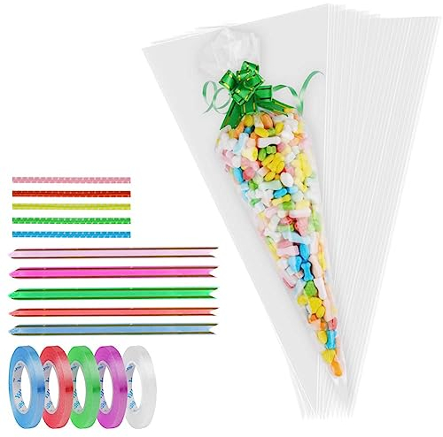 OFFCUP Süßigkeiten Tüten, 50 Stück Transparente Zellophantüten, Bonbon Tüten mit 100 Goldenen Filigranstreifen, 50 Blumen Binden und 5 Bänder, 16 * 30cm Transparent Geschenktüten, Cone Tüte