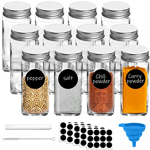LONENESSL 12PCS Glass Spice Jars with Lids, 4oz Spice Storage Jars Seasoning Container, 120ml Kitchen Square Spice Organisation Bottles with Labels, Shakers Lids, Funnel, Brush, Marker