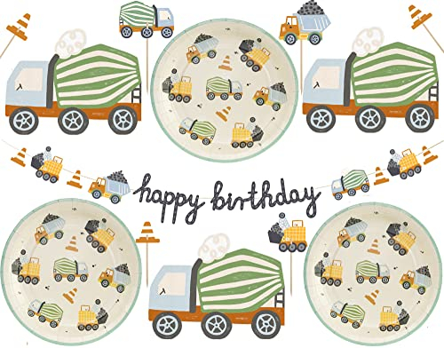 Geschirrset Dekoset Baustelle Fahrzeuge Partygeschirr Kindergeburtstag Junge Pappgeschirr Girlande Happy Birthday Caketopper Teller Servietten Baustelle Geburtstag Kinder