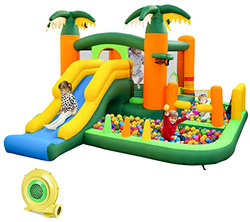 COSTWAY Castello Gonfiabile Tropicale 8 in 1 con Soffiatore 680W, Gonfiabile per Bambini con 2 Piscine e 50 Palline, Rete da Pallavolo, Porta da Calcio, Scivolo e Area di Salto, 468 x 406 x 240 cm