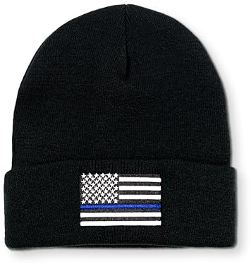 Thin Blue Line Black Beanie Mütze Bestickte Mütze Wintermütze Cold Gear Polizei Beanie Strafverfolgung Beanie, Thin Blue Line USA-Flagge, S/L