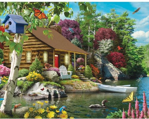 Bits and Pieces - 50 Piece Jigsaw Puzzle for Seniors - 15 x 19 - Cabin on The Lake - 50 pc Large Lettered Pieces Colorful Scenic Jigsaw