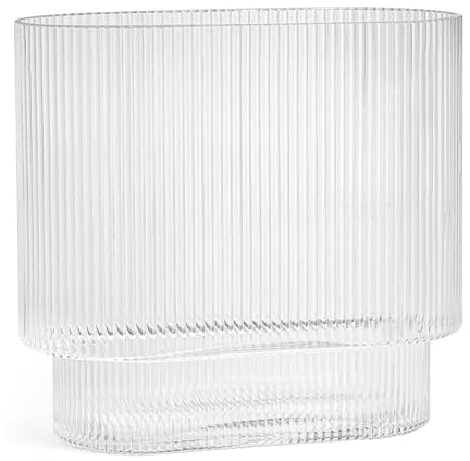 Oval Glass Vase, Ribbed Vase For Flowers, Fluted Glass, Modern vase For Table Centerpiece In Living Room, Kitchen, Shelf, Weddings And Office, 20CMX8.9CM By Snapplent (Oval Ribbed)