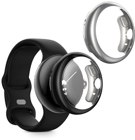 kwmobile Coque Compatible avec Google Pixel Watch 2 / Pixel Watch 1 Coque - 2X Étui Cadre écran en Silicone pour Fitness Tracker - Noir-argenté