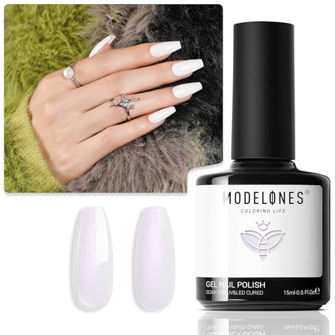 Modelones White Gel Nail Polish, 15ML 1Pc Pearl White Gel Polish Glitter Shimmer Mermaid Nail Varnish Soak Off LED Nail Lamp Long Nails DIY Home for Women