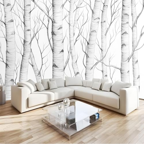 Générique Art Papier Peint Intissé 3D Bouleau Gris Muraux Tapisserie Photo Décoration Murale, Papier Peint 400x280 cm Salon Chambre Bureau Couloir Peinture Murale Décor