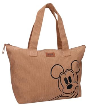 mybagstory - Einkaufstasche aus Cordstoff Mickey Mouse braun – Damen – Teenager – Strand – Einkauf – Schule – College – Größe 48 cm – Hosenträger, Micky Maus braun, Einheitsgröße