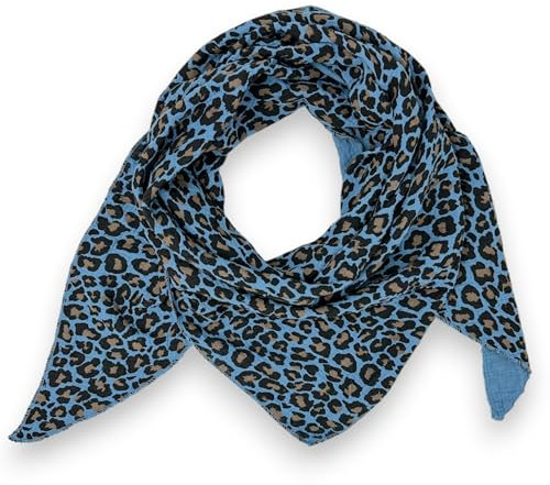 Ziona Musselin Tuch Damen Leo Dreieck Made Italy 195 x 72 cm Herbst Winter Halstuch leoprint Schal Baumwolle (Blau-Braun)
