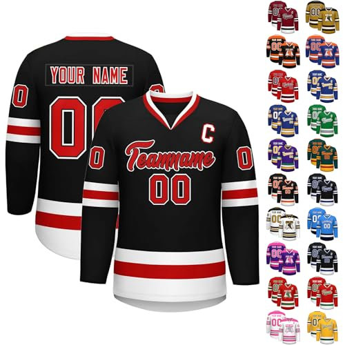 Eishockey Trikot Personalisiertes,Hockey Kostüm für Männer Frauen,Locker Atmungsaktiv Eishockey Trikots mit Eigenem Namen Nummer Logo & Teamname,Sporttrikot Teamuniformen für Fans(#A Black)