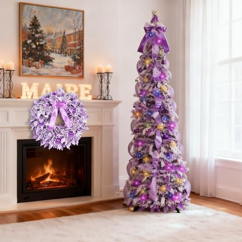 NEXSTRON 2025 New 5ft Christmas Tree with 1.5ft Wreath, Purple Snow Flocked Christmas Tree with 150 Multi-color LED Lights, Dreamy Pop up X-Mas Tree Easy Assembly for Holiday Indoor Xmas Home Decor