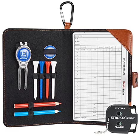 Handy Picks Funda de Cuero para Tarjetas de Puntuación de Golf, Acesorios Incluidos (1 Herramienta de Reparación de Divot, 2 Marcadores de Pelota, 4 Cartas, 2 Lápices, 1 Contador), Marrón