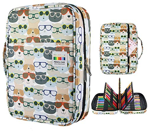 YOUSHARES Trousse à Crayon de Couleur avec 220 Emplacements - Etui à Crayon à Quatre Couches en Tissu Oxford pour Adults,Artists,Peintre (Chat avec Lunettes