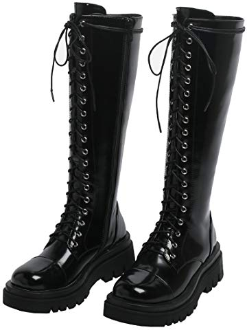 Etebella Damen Knee High Combat Boots Gothic Lack Kniehohe Stiefel zum Schnüren Flache Kniehoch Stiefel Moderne Schuhe (Schwarz,41)