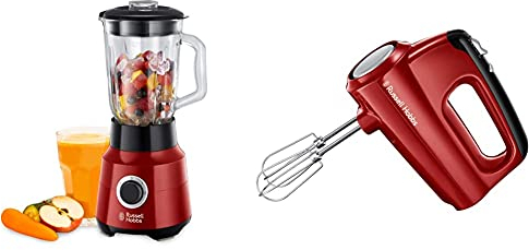 Russell Hobbs Mixeur Blender Electrique 1,5L, 6 Lames, Bol verre - Rouge & Batteur Electrique, 2 Fouets Hélice, 2 Crochets Pétrin, 5 Vitesses, Ergonomique, Puissant - Rouge 24670-56 Desire