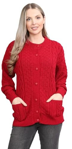 pretty attitude Women Winter Chunky Cable Knit Ladies Long Sleeve Aran Crew Neck Warm Cardigan (Red Aran Bw, 16)