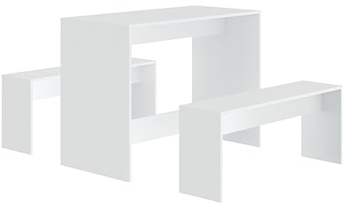 vidaXL Essgruppe 3-TLG. Sitzgruppe Esstisch Tisch Tischgruppe Bank Esszimmerbank Esszimmergruppe Esszimmergarnitur Tischset Weiß Holzwerkstoff