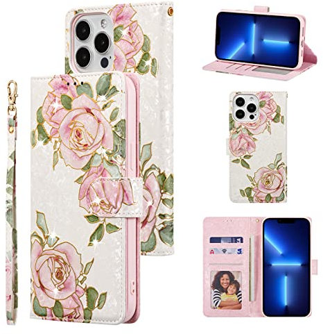 UEEBAI Wallet Case for iPhone 13 Pro Max 6.7 inch, PU Leather Phone Case Kickstand RFID Blocking Flip Case with Card Slots Wrist Strap Relief Engraved Pattern Magnetic Closure Folio Case - White Rose