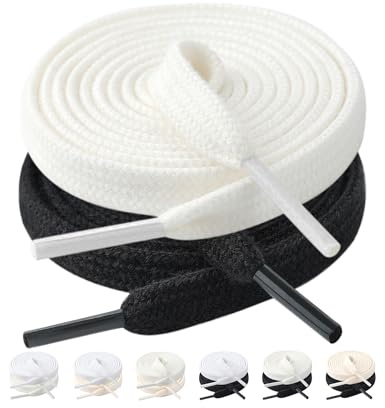 Stepace 2 Pairs Cotton Flat Shoelaces 8mm Shoe Laces for Sneakers, Black and off white, 100