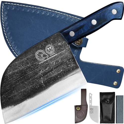 XYJ Ancient Forged Butcher Knives,Serbian Chef Knife With Sheath,Tiny Knife,Chinese Vegetable Meat Cleaver For Kitchen Camping Outdoor,Full Tang,High Carbon Steel (6.7 inch)