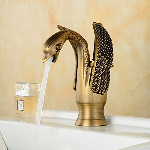 Wasserhahn Europäisches Gold Antike Farbe Waschbecken Wasserhahn heiß und kalt Vollkupfer-Arbeitsplatte Waschbecken Schwan Wasserhahn, Antiker Zwerg