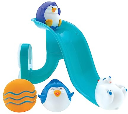 Nuby Penguin Slide Bath Toy Play Set with 4 Bath Squirters - Baby Bath Toys for Boys and Girls 12+ Months - Suction Cup Toy Attaches to Shower Wall