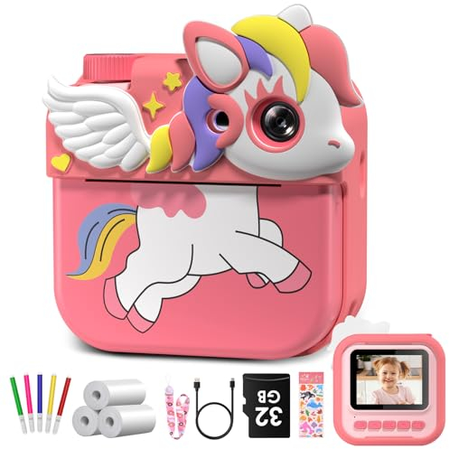 Sofortbildkamera Kinder, Hangrui Kinderkamera, 1080P 2,4 Zoll Bildschirm Digitalkamera Kinder mit 32G Speicherkarte & 3 Rollen Druckpapier, Kinder Kamera mit 5 Farbige Stifte Geschenk für Kinder
