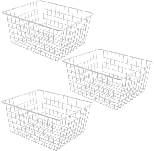 AYSUM 3PCS Large Wire Baskets with Handles, Mesh Storage Baskets, Wire Organiser Bins, Metal Basket for Pantry, Freezer, Cabinet, Bedroom, Kitchen or Bathroom, White