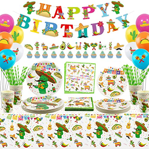 226 PCS Mexican Themed Fiesta Party Supplies - Paper Plates, Cups, Napkins, Straws, Balloon, Tablecloth, HAPPY BIRTHDAY Banner for Cinco de Mayo Disposable Tableware Set, Serves 24