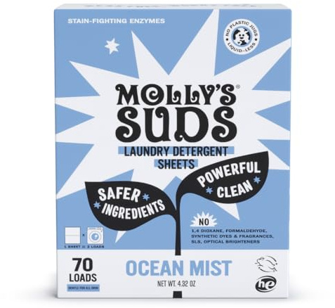 Molly's Suds Waschmittelblätter | Sanft zu empfindlicher Haut, kraftvolle pflanzliche Enzyme, fleckenbekämpfend | flüssigkeitslose & plastikfreie Verpackung | 70 Waschladungen (Ocean Mist)