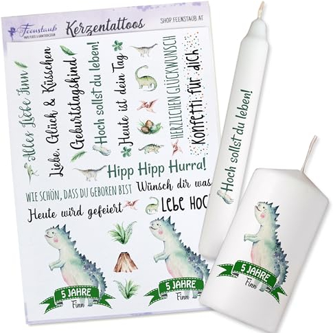 FEENSTAUB Kerzentattoos Geburtstag, personalisierbare Transferfolie für Kerzen, Kerzen Tattoos für den Geburtstag, Geburtstagskerzen selber gestalten, Kerzenfolie Geburtstag Dino