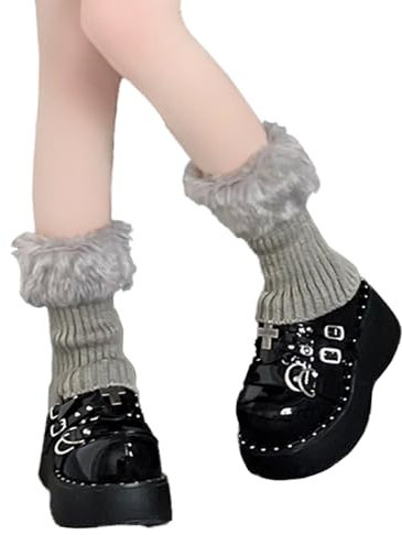 LERTREEUK Winter Warm Frauen Fuzzy Boot Stulpen Y2K-Beinwärmer Pelzige Kunstfell-Strick-Wadenstrümpfe Stiefel Ärmel (Grau)