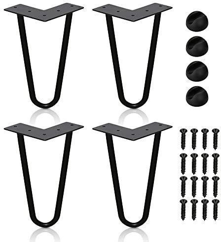 SWANEW Lot de 4 pieds de table en métal noir avec 2 pieds en épingle à cheveux, pour bureau, table et table basse avec protections de sol et vis (15 cm)
