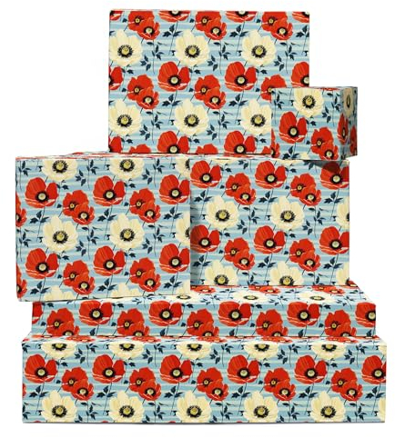 Blumen-geschenkpapier – Rote Und Weiße Mohnblume – 6 Bögen Blumen-Geschenkpapier – Für Frauen – Zum Geburtstag, Hochzeitstag, Valentinstag – Mit Aufklebern – Von Central 23