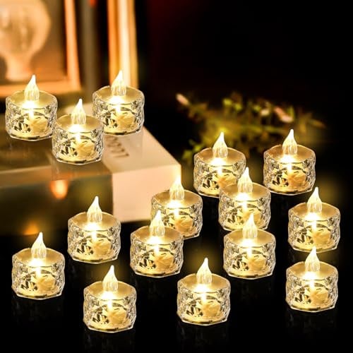 SUNOYA Lot de 24 bougies chauffe-plat LED sans flamme, en cristal, sans flamme, bougies LED pour mariages, Halloween, décoration de Noël