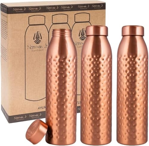 NORMAN JR, Bouteille d'eau en cuivre 1 L – Coffret cadeau de 3, finition martelée, récipient ayurvédique en cuivre pur – aide à boire davantage d'eau et offre de nombreux bienfaits pour la santé.
