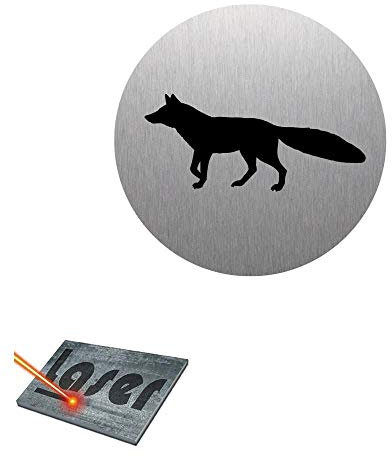 Schild mit Gravur, selbstklebend, 8 cm, Jagd, Fuchs, Hintergrund aus gebürstetem Aluminium