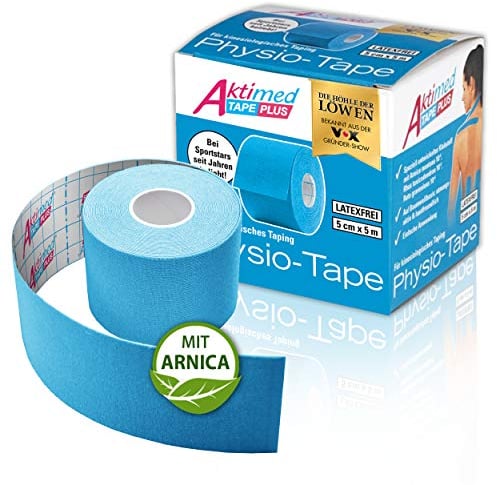 AKTIMED Tape PLUS Kinesiologie Tape – Sporttape mit pflanzlichem Extrakt Arnica D6* – patentiertes Physiotape Dermatest „sehr gut“ – Kinesiologie Tapes elastisch & wasserfest (hellblau)