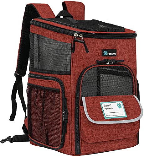 PetAmi Hunderucksack, von Fluggesellschaften zugelassene Rucksäcke zum Tragen Kleiner, großer Katzen, Haustier-Tragerucksack, belüftet, weiche Seiten, für Reisen, Wandern, Camping, max. 8,2 kg, Rot